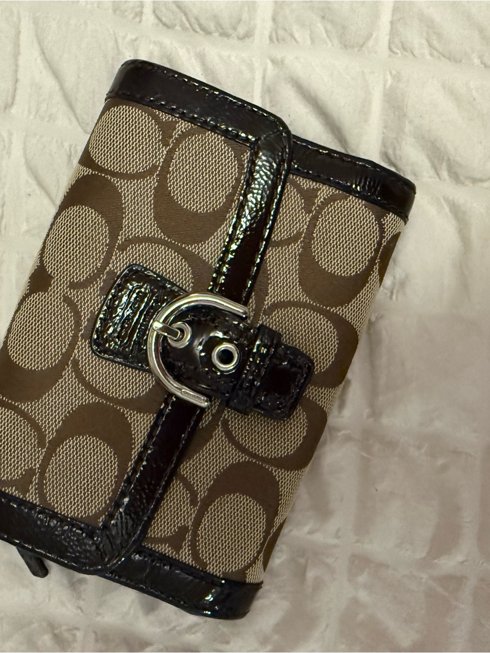 Coach Brown/Tan Signature Canvas Wallet with Buckle Trim